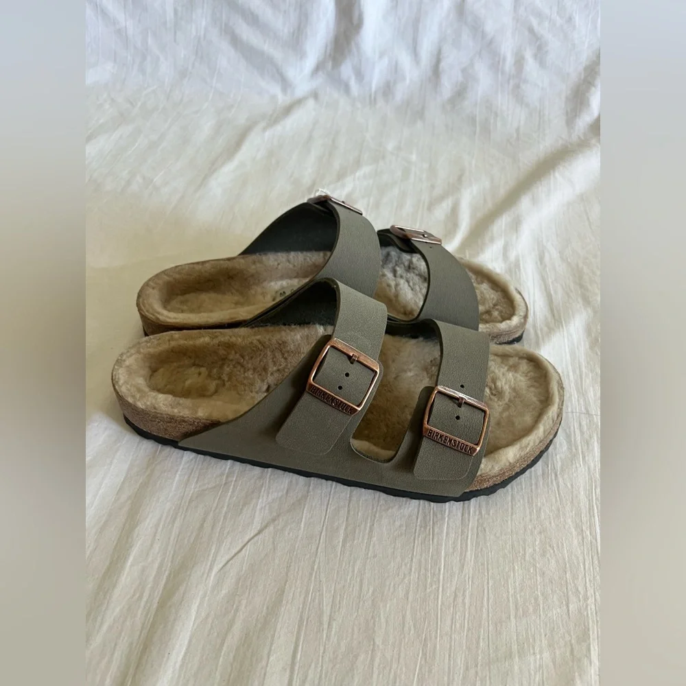 New Birkenstock Arizona shearling sandals mens 11 11.5 eu 44 taupe suede